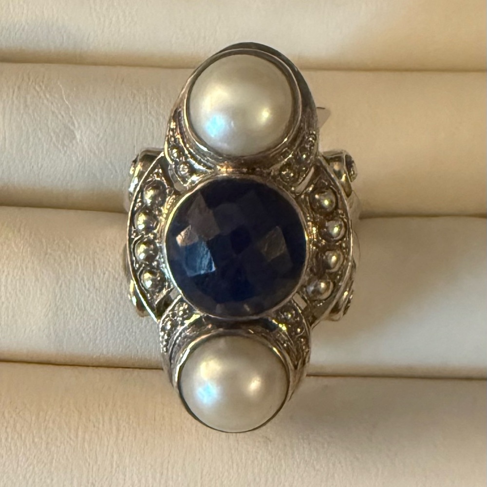 Stunning Silver Ring with Blue Gem and Pearl Accents Vintage Ring
